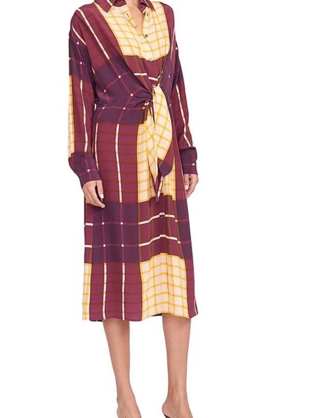 STAUD Elsa dress - Yellow Plaid Button-Down Dress with Burgundy Trim
